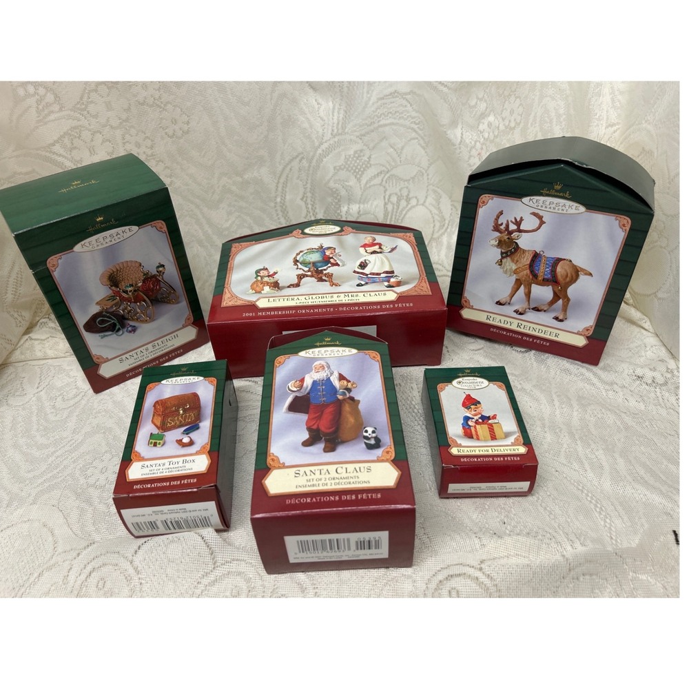 Hallmark Keepsake Ornament 2001 Santa Sleigh Reindeer Mrs Claus Set of 6 Boxes
